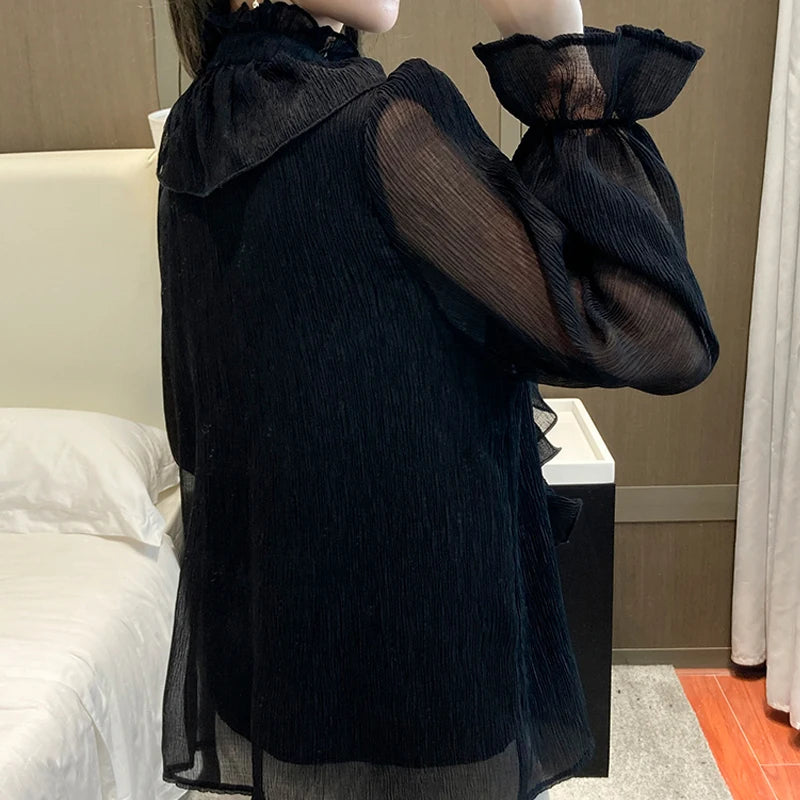 Women's Ruffled Stand Collar Long Sleeve Blouse