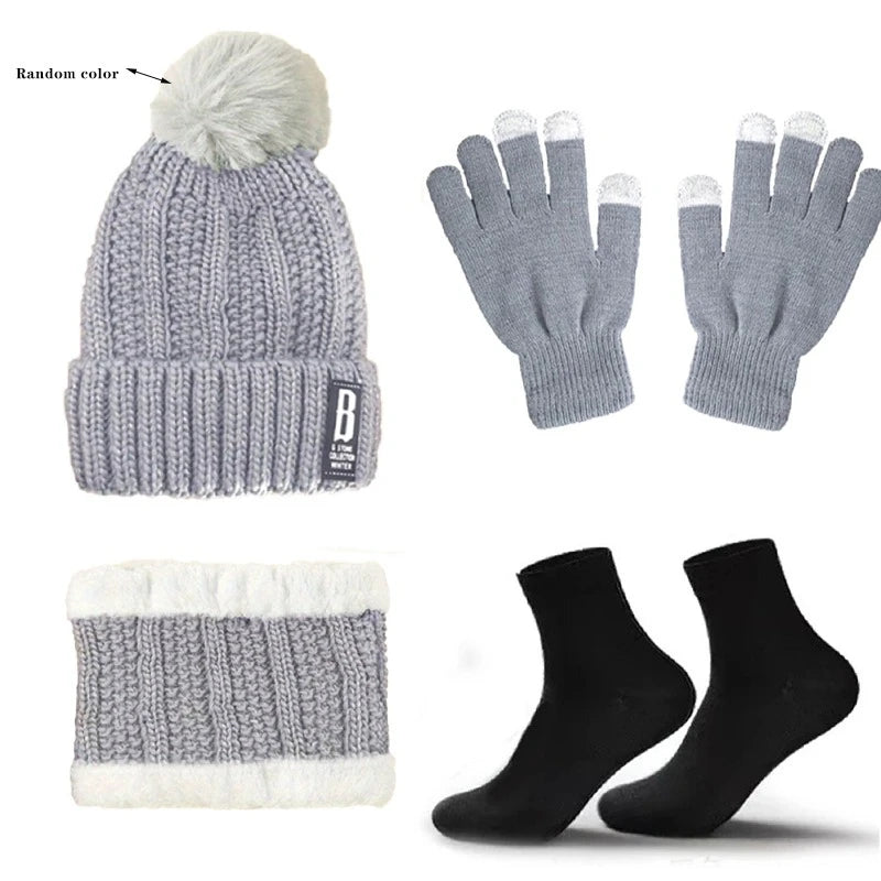 Winter Beanie Hat Gloves Scarf and Socks Set for Adult Wear