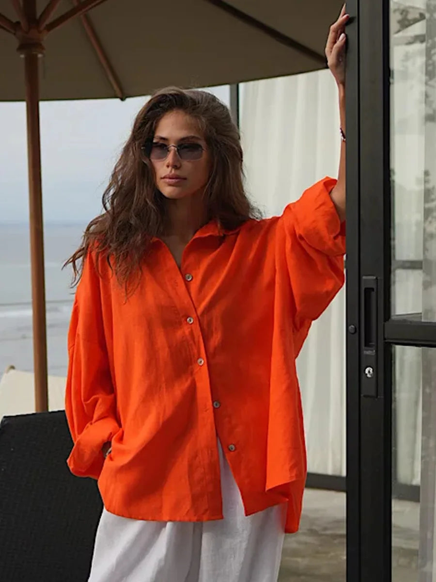Women's Oversized Long Sleeve Button Front Shirt