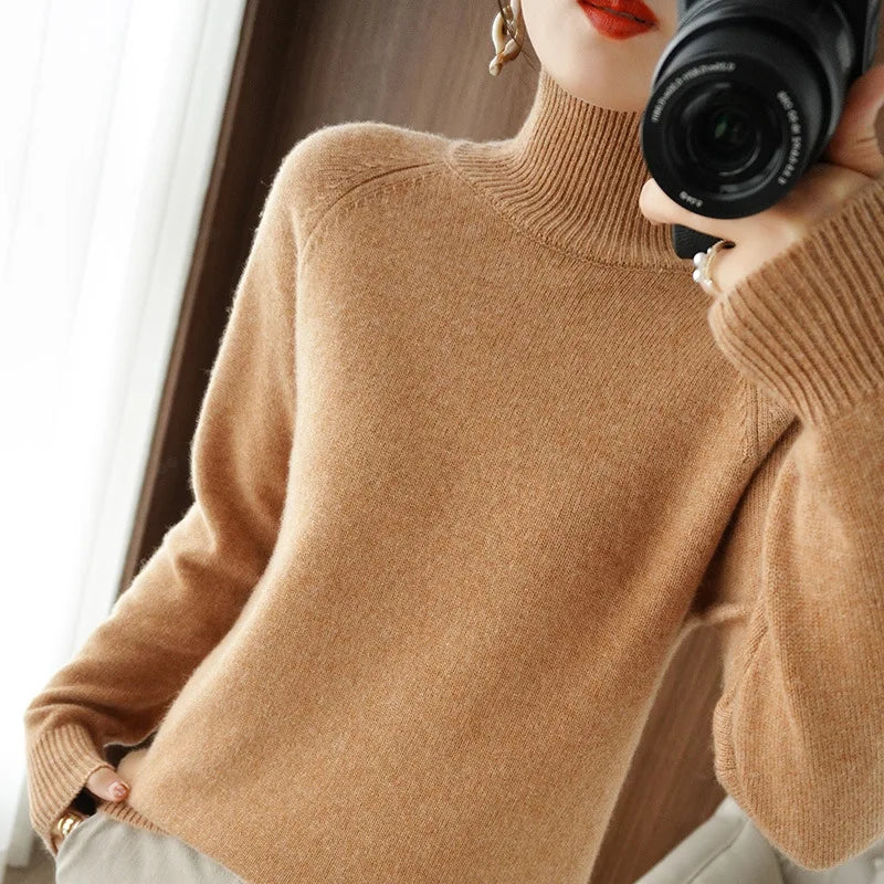 Women's Solid Turtleneck Long-Sleeve Knit Sweater