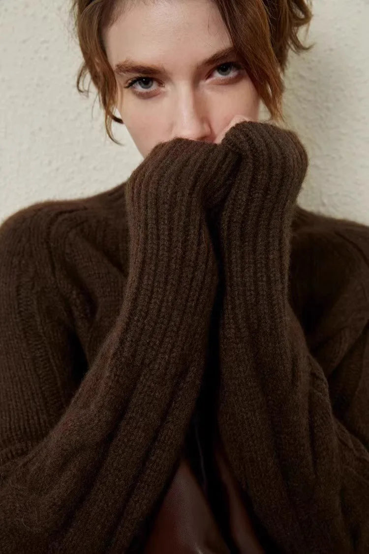 European autumn and winter cashmere sweater women's crewneck twist sweater loose cover to wear pure wool knitted bottom thick