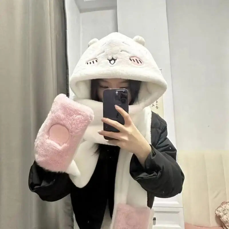 Chiikawa Plush Integrated Hat Scarf and Gloves Set with Usagi Styles