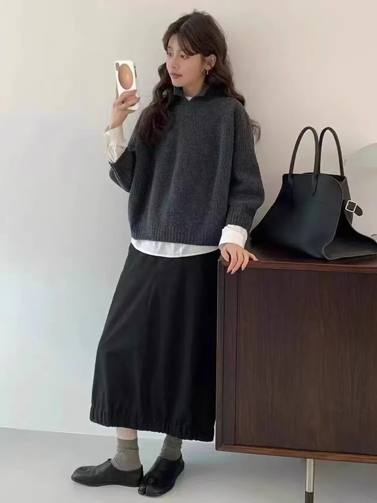 Half-open high-neck three-quarter sleeve cashmere sweater women loose cashmere sweater for autumn and winter thickened sweater