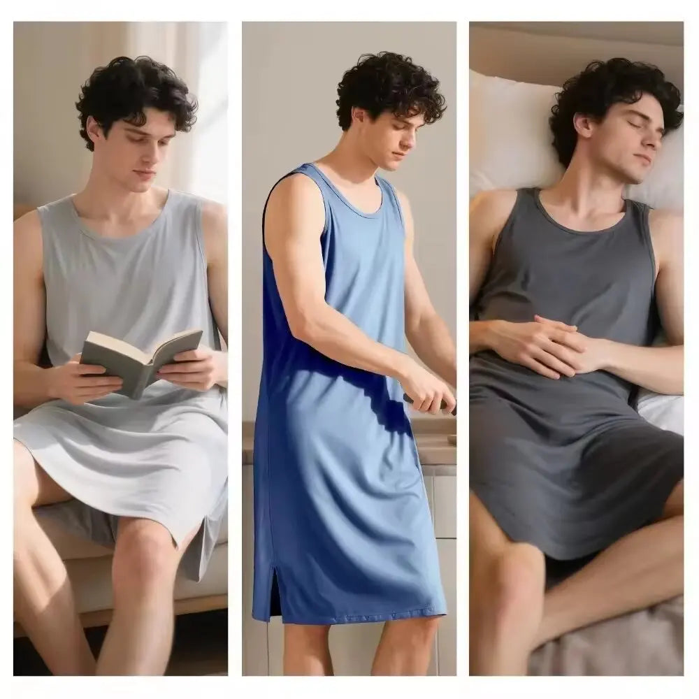 Men's Sleeveless Round Neck Lounge Nightdress with Straight Silhouette
