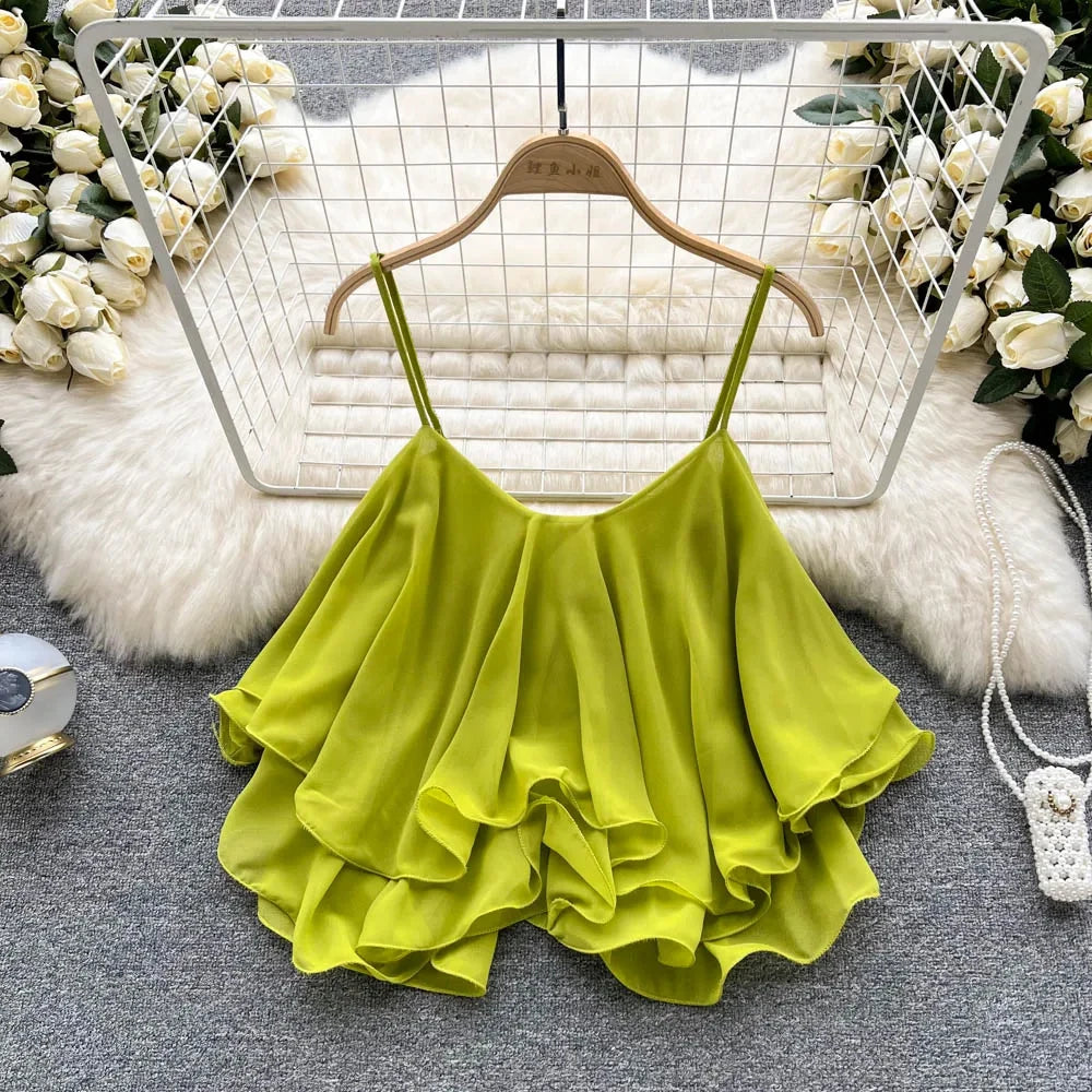 Women's Solid Polyester Ruffle Crop Camisole with Thin Shoulder Straps