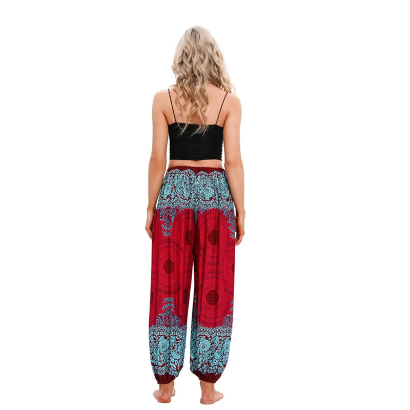 Women's Printed Rayon Harem Pants with Elastic Waist and Loose Gathered Legs