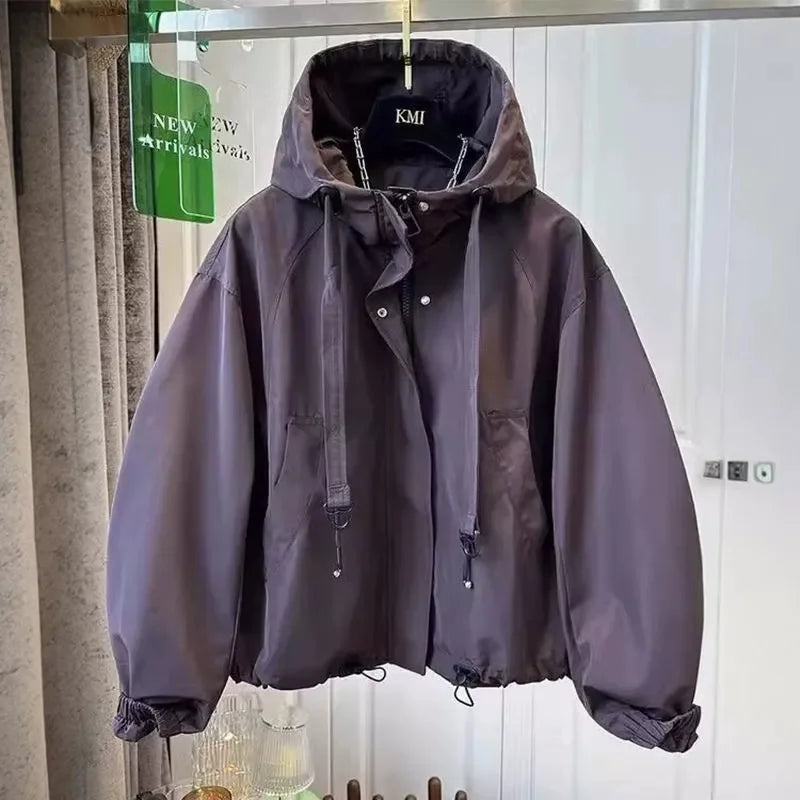 Women's Cotton-Polyester Hooded Zip-Front Long-Sleeve Jacket for Casual Spring Autumn Layered Outfits