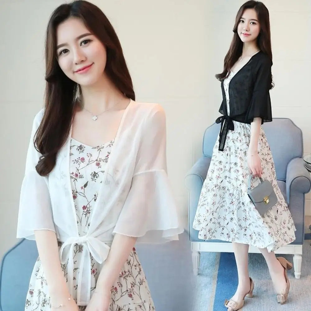 Chiffon Tie Front Short Sleeve Cardigan for Layering over Outfits