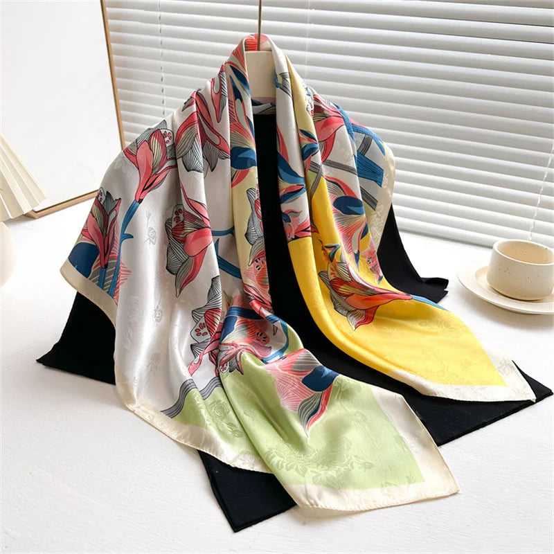 Printed Large Square Scarf with Decorative Border Designs