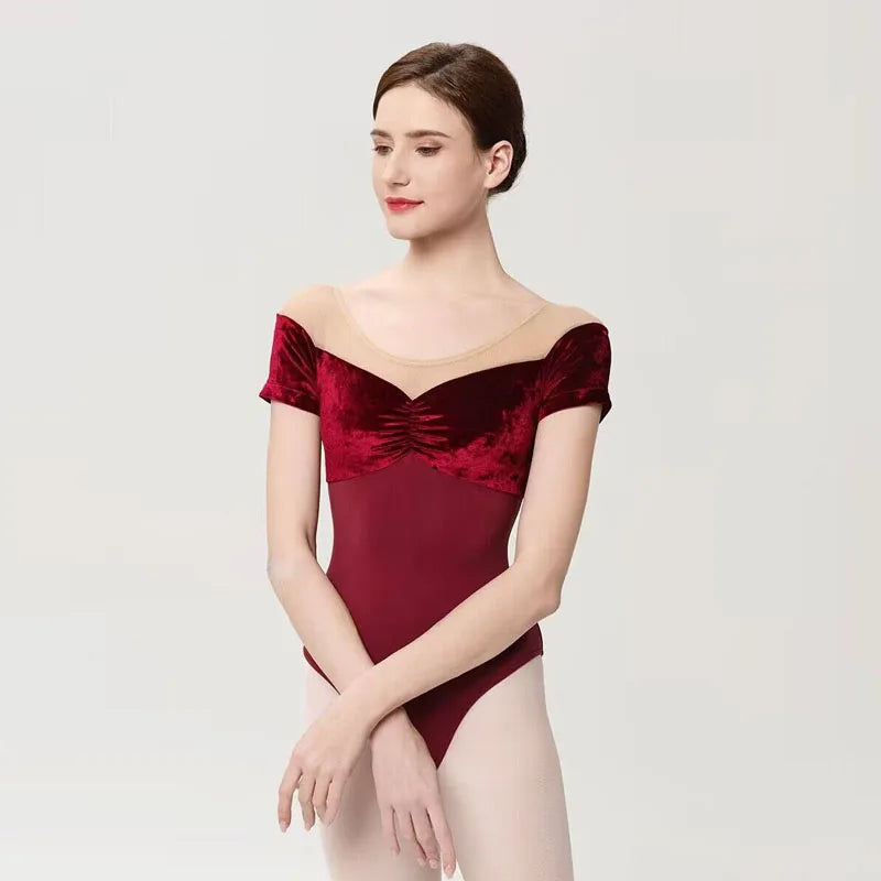 Women's Short Sleeve Ballet Leotard with Velvet Panels and Open Back