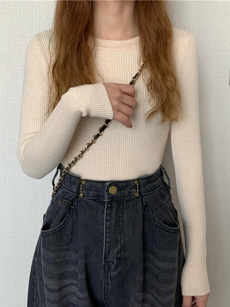 Women's Acrylic-Cotton Solid Long-Sleeve Crewneck Slim-Fit Knit Pullover Sweater for Everyday Outfits