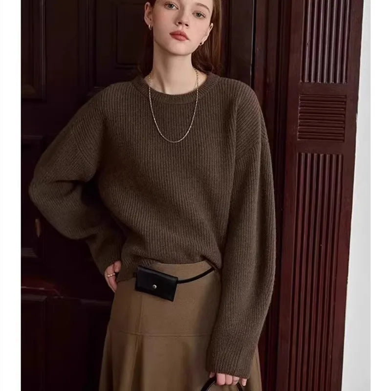 Vintage thick cashmere knitwear women's fall/winter loose shoulder crew neck sweater base sweater
