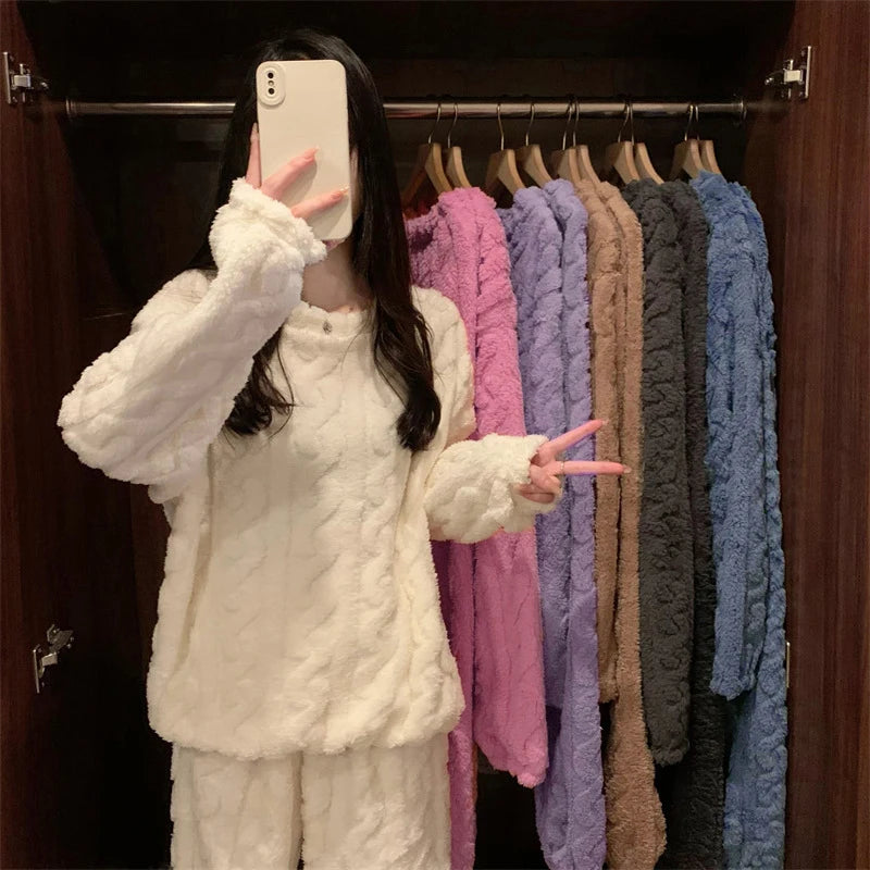 Women's Cable Texture Long Sleeve Pajama Set with Top and Pants