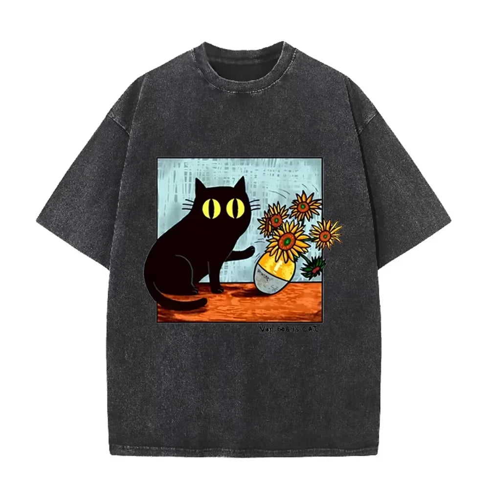 Funny Art Cat Van Gogh's Cat Print Vintage Washed Blue Casual Graphic T Shirt