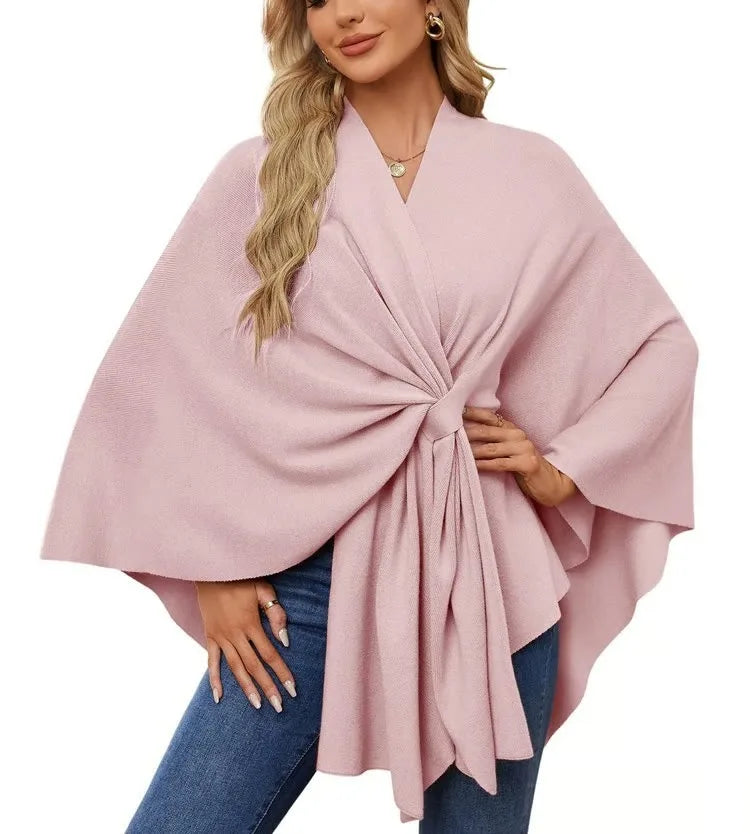 Ribbed Open Front Drape Poncho for Layering over Outfits
