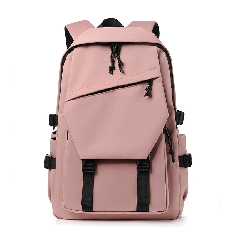 Plain Laptop Backpack with Front Pockets and Side Buckle Strap Details