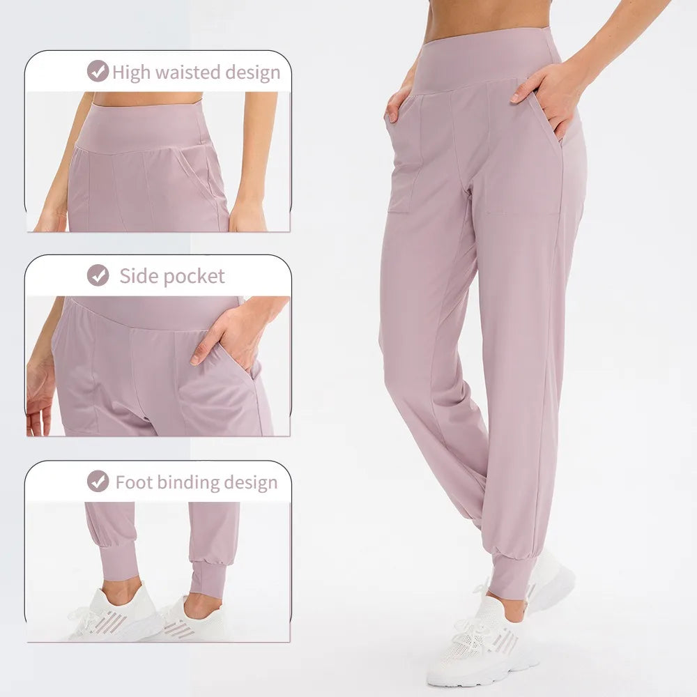 Women's High Waist Nylon Blend Workout Pants with Side Pockets and Cuffed Ankles