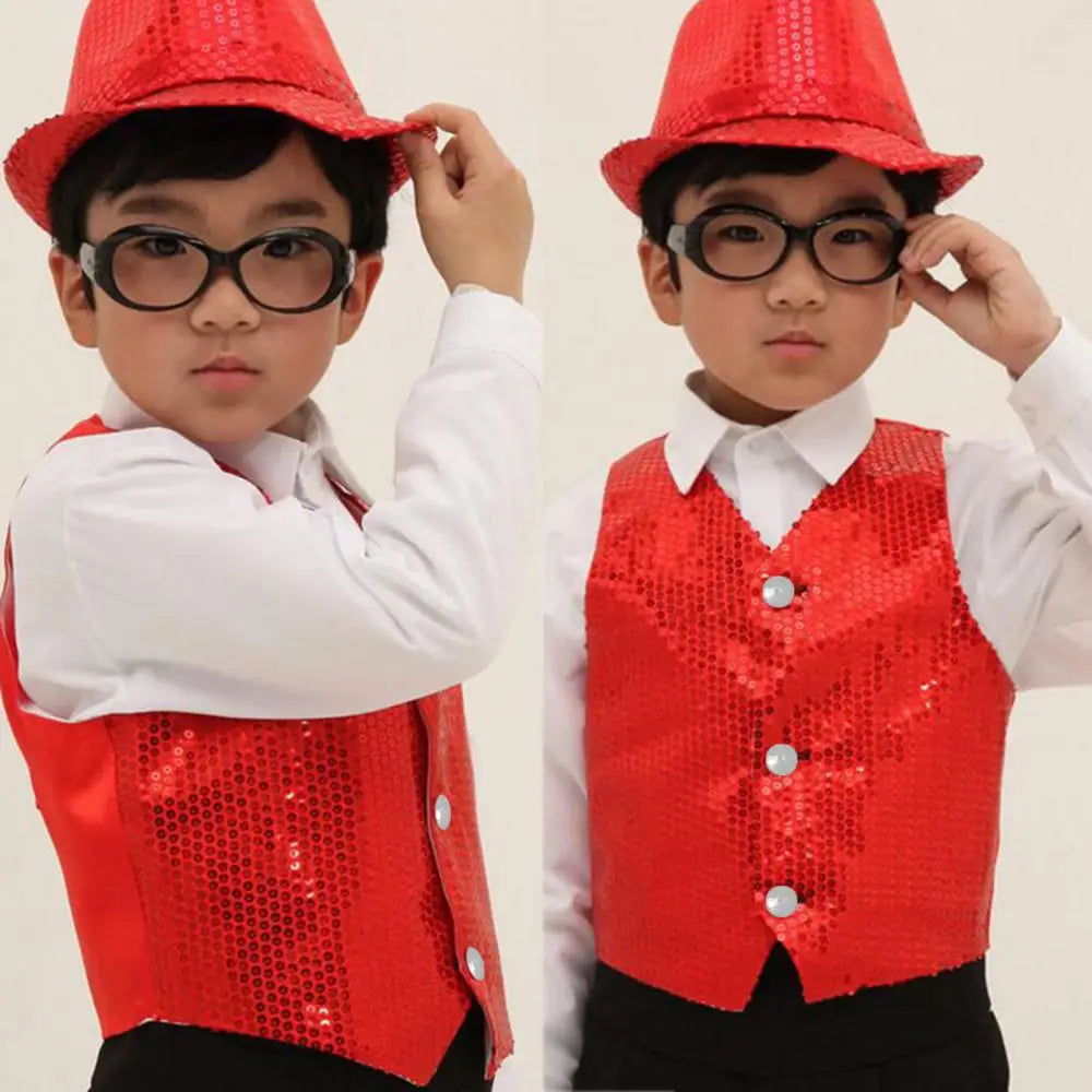 Children's Sequin Sleeveless Button Front Dance Performance Waistcoat Vest