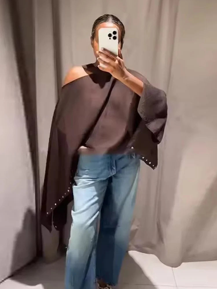 Cropped Stud Trim Cape with Asymmetric Draped Side Panels