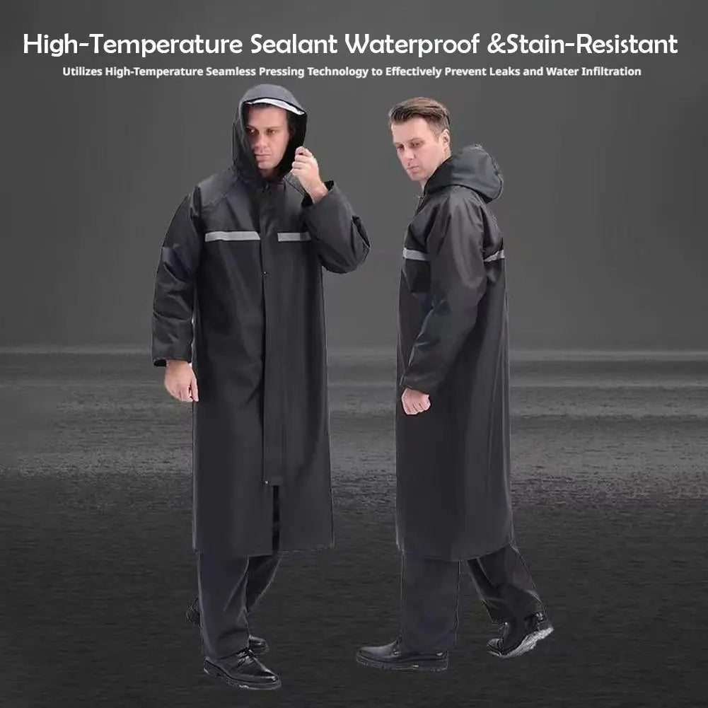 Long Hooded Rain Coat with Front Closure and Contrast Stripe