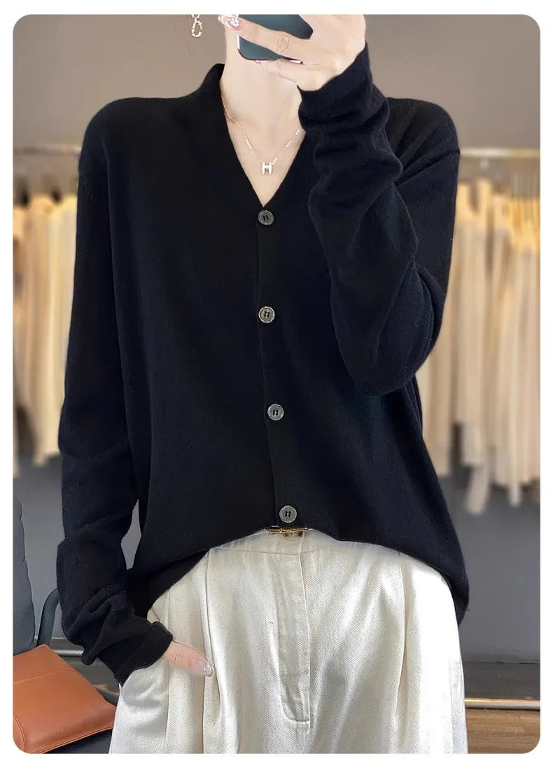 Light luxury retro style! V-neck pure cashmere knit cardigan women's autumn and winter loose wool top bottom sweater coat