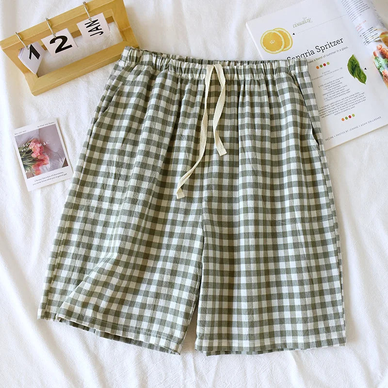 Men's Plaid Drawstring Sleep Shorts for Home Wear