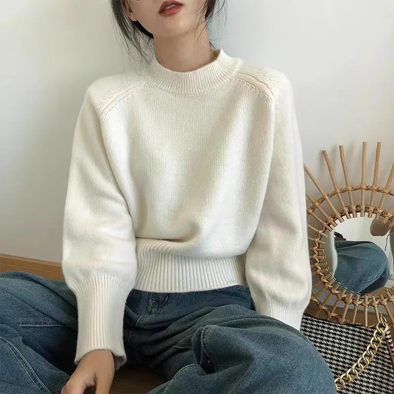 Pure wool retro sweater crewneck pullover short knitwear women's top trend