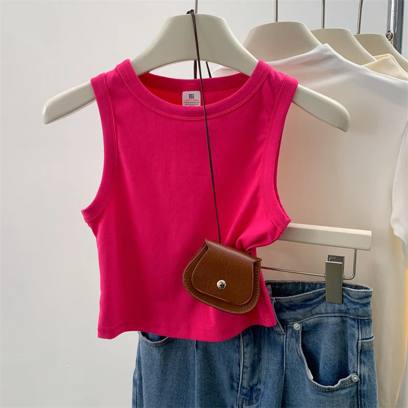 Women's Round Neck Cotton Blend Crop Tank Top with Sleeveless Cut