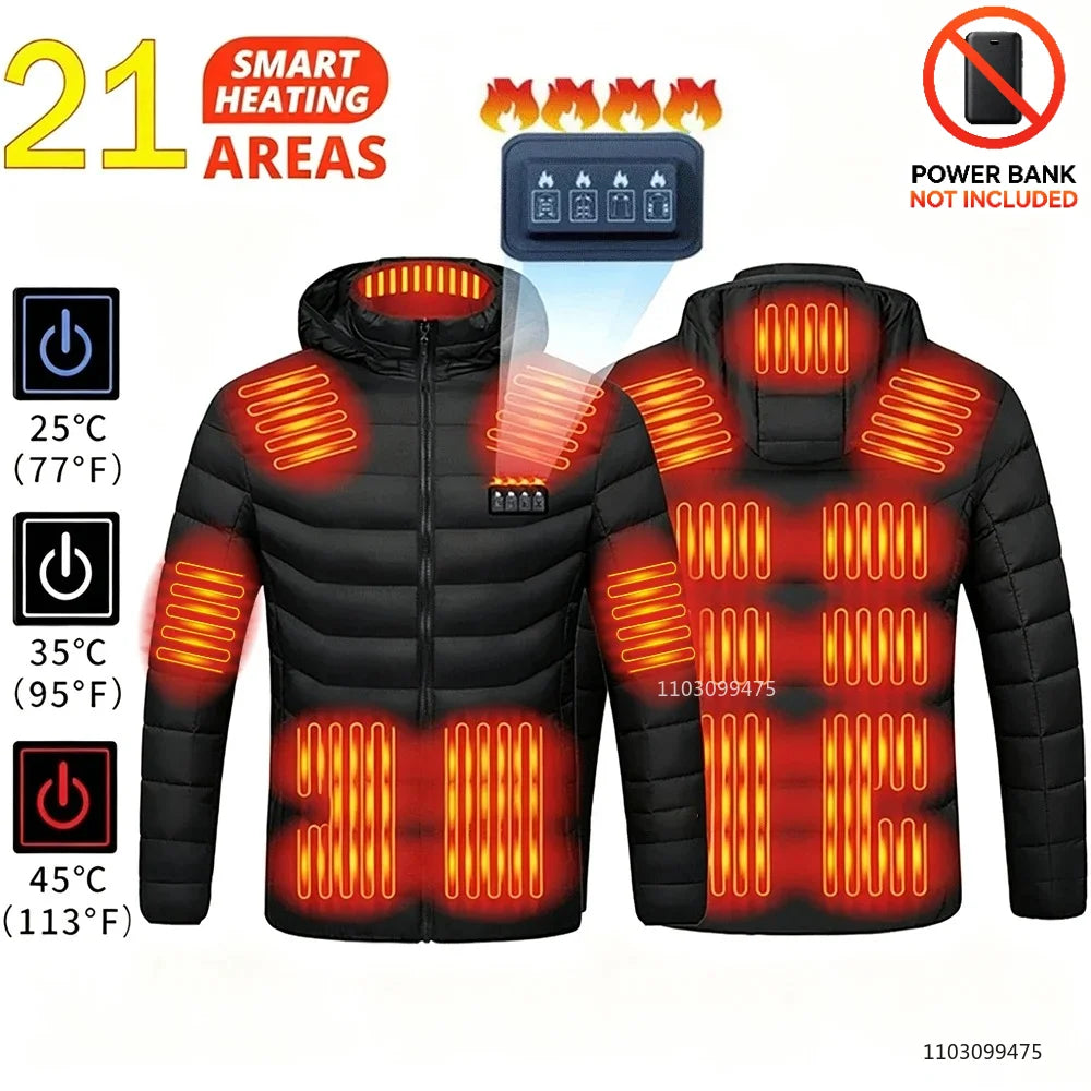 USB Heated Hooded Full Zip Long Sleeve Outdoor Jacket