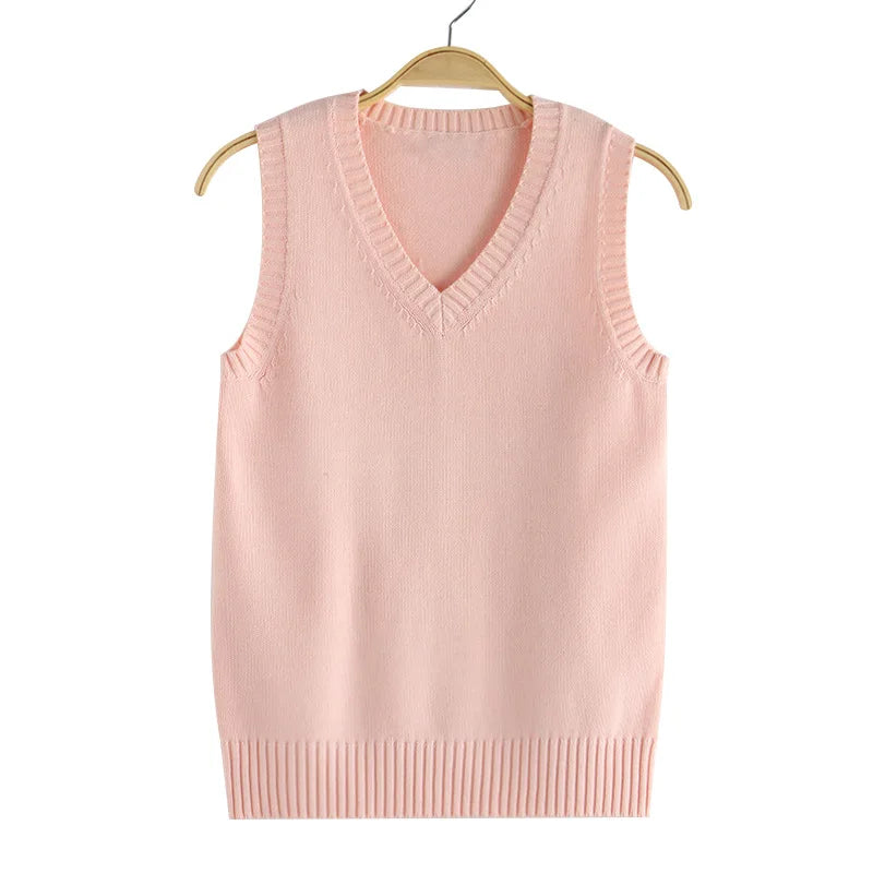 Women's Cotton-Polyester Sleeveless V-Neck Regular-Fit Knit Pullover Vest for Preppy Layered Outfits