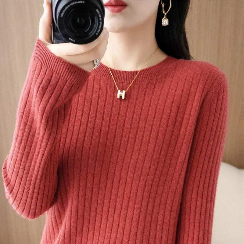 Women's Ribbed Crew Neck Long Sleeve Sweater Casual Knit Layer