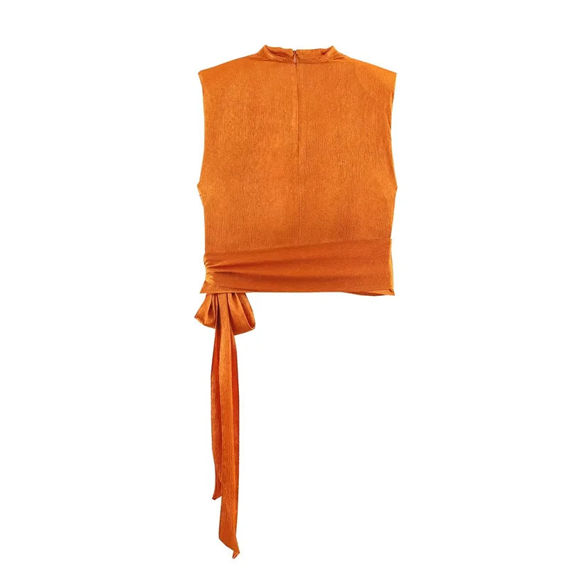 Women's Sleeveless Blouse with a Draped Neckline and Long Ribbon Ties