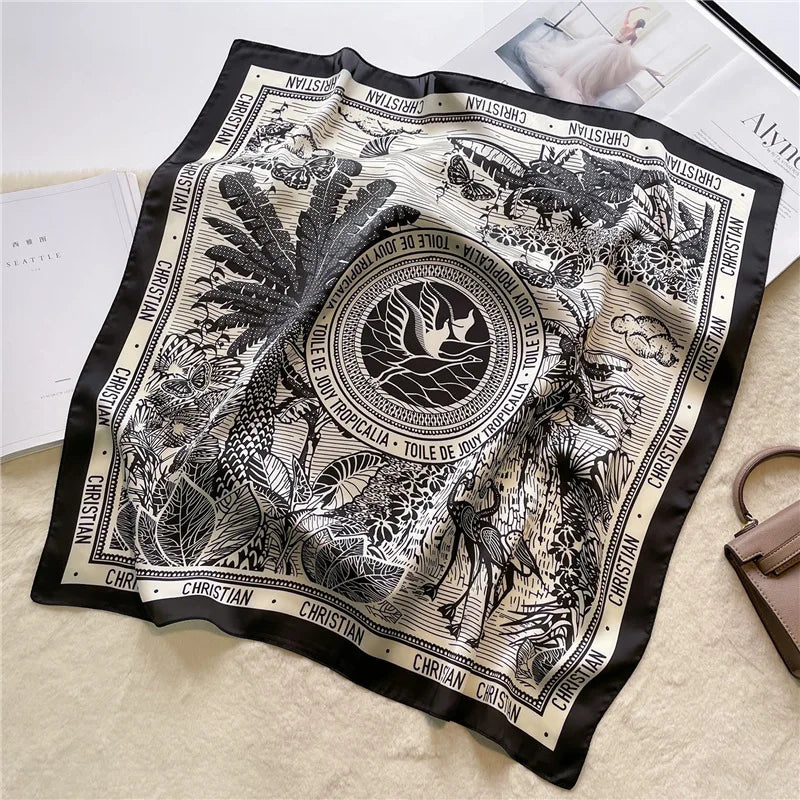 Letter Print Square Scarf with Patterned Border Design