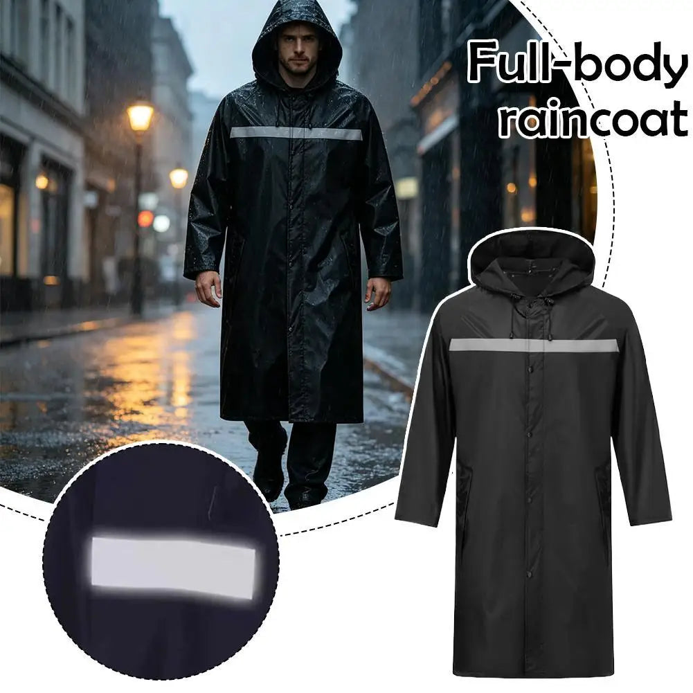 Long Hooded Rain Coat with Front Closure and Contrast Stripe