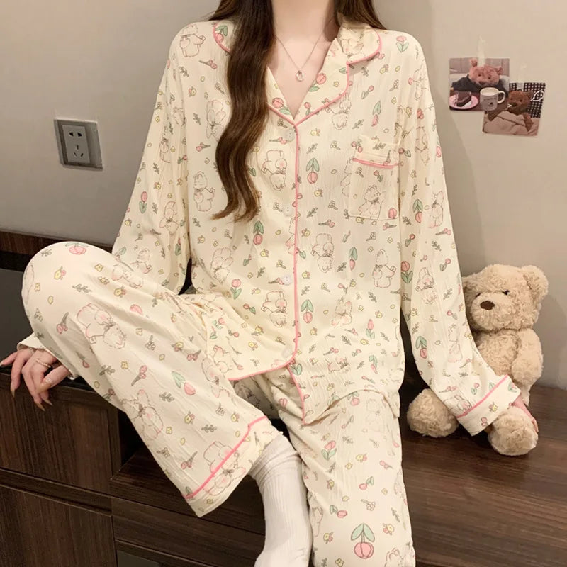Women's Printed Button Front Long Sleeve Pajama Set with Top and Pants