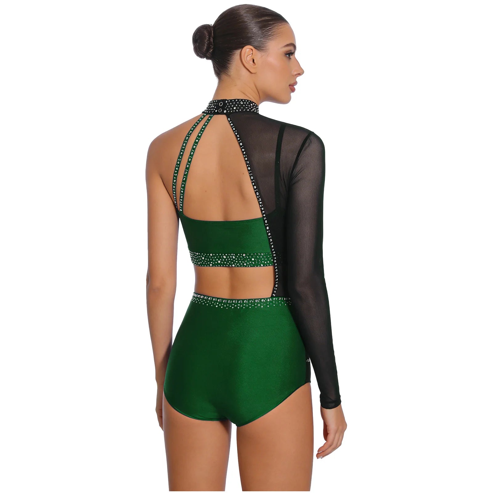 Women's Asymmetric Rhinestone Dance Bodysuit with Cutouts and Mesh Sleeve