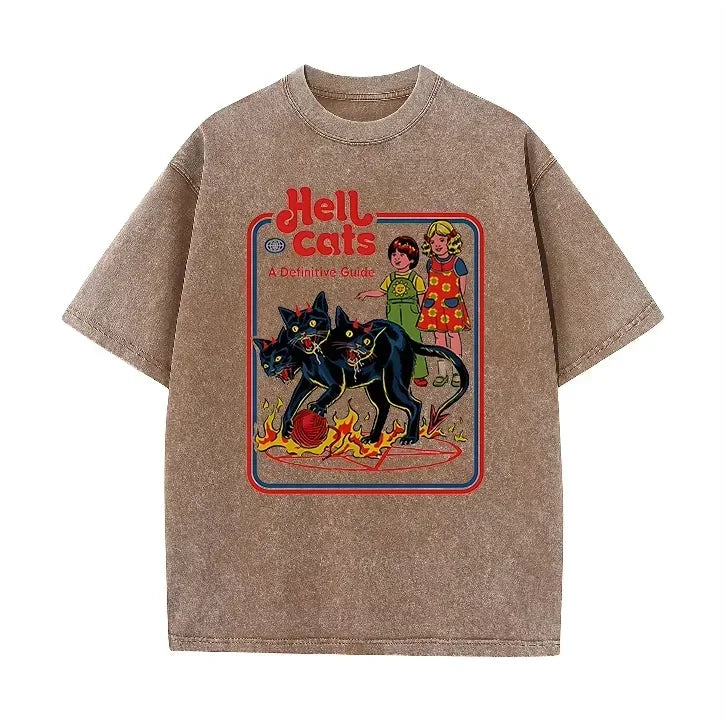 Purple Acid Wash Hell Cats Graphic Casual Retro Streetwear Tee