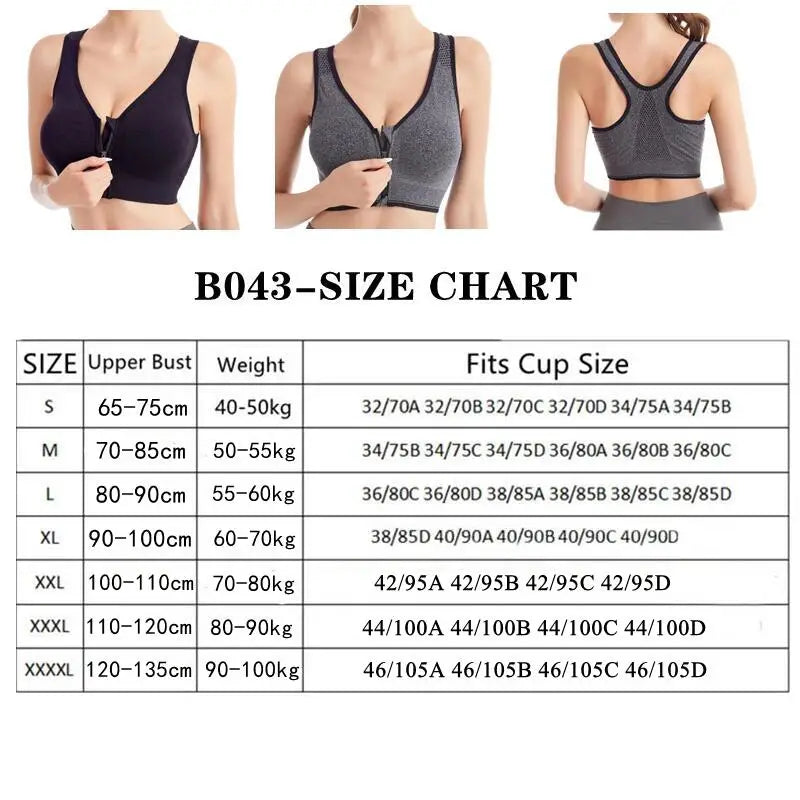 Women's Front Zip Cross Back Sports Bra