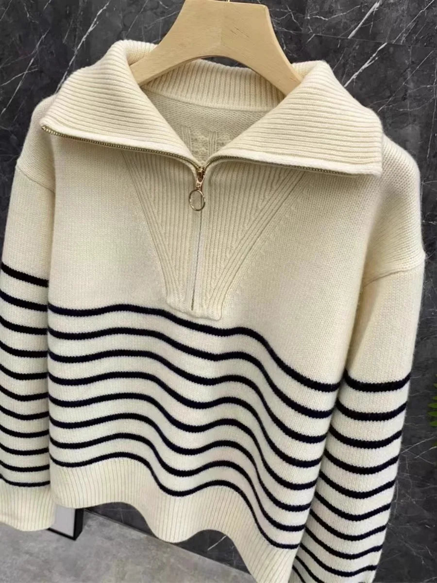 Autumn/Winter new classic striped zipper turtleneck + lapel 100% cashmere knit sweater women's bottom sweater