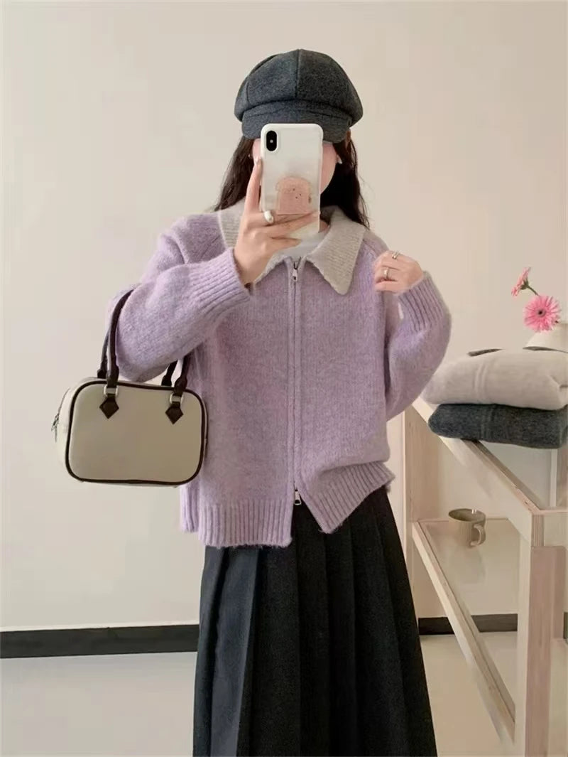 Color-blocked lapel 100% cashmere cardigan women's knitted sweater Loose sweater Wool sweater coat