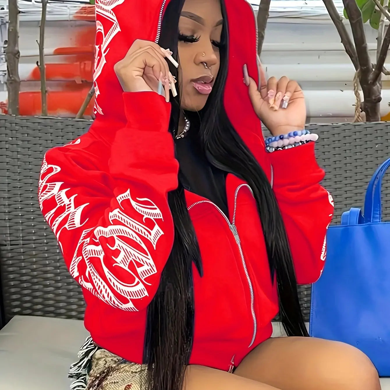 Letter Graphic Long Sleeve Full Zip Casual Hoodie