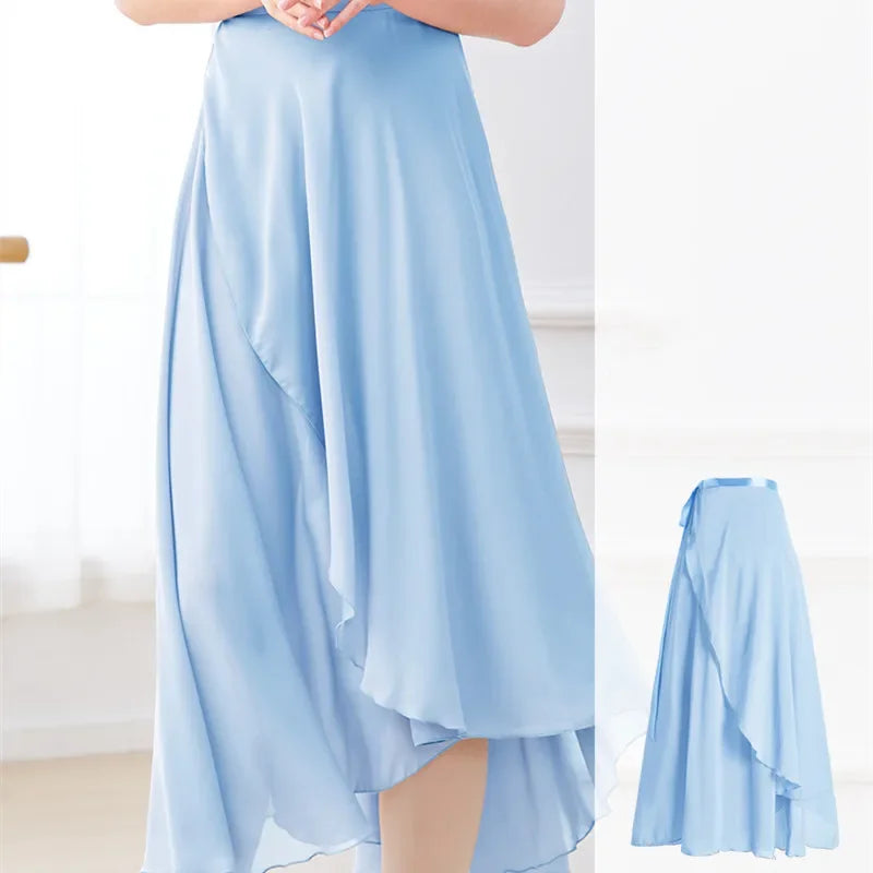 Women's Long Ballet Wrap Skirt with Flowing Hem and Tie Waist