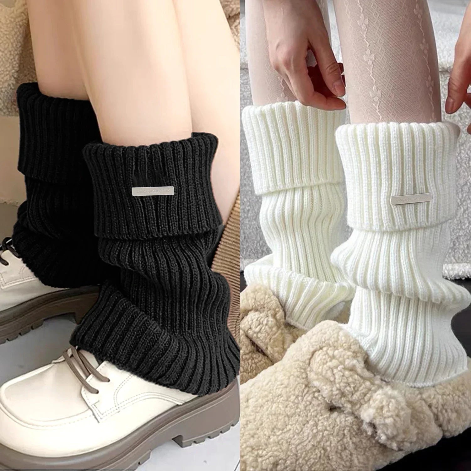 Solid Ribbed Leg Warmers with Small Metal Label Details