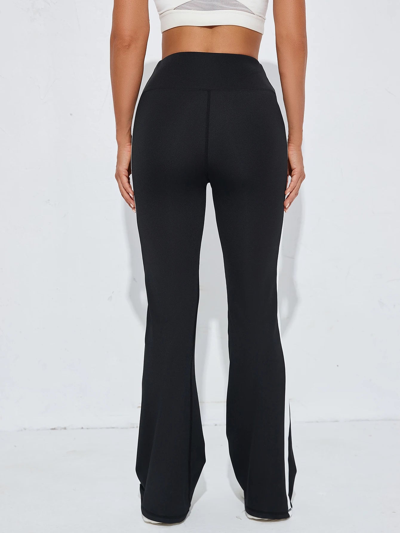 Women's High Waist Polyester Flared Workout Pants with Wide Contrast Side Panels