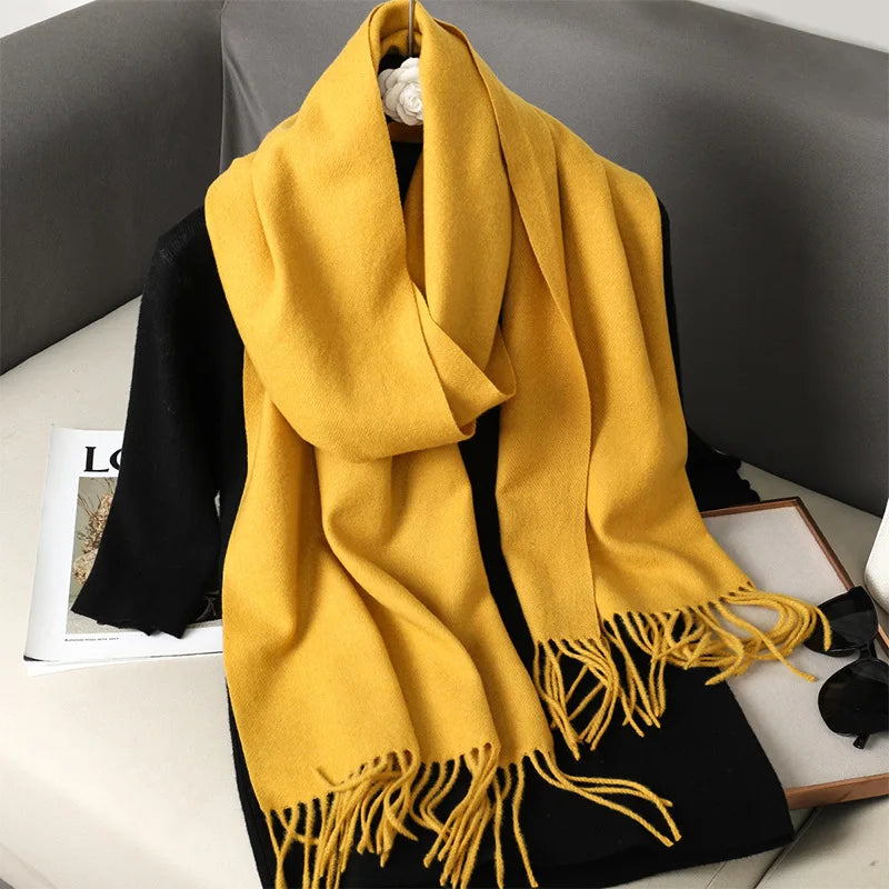 Solid Long Rectangular Scarf with Decorative Fringe Trim