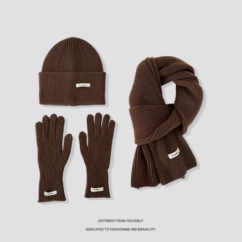 Women's Solid Knitted Hat Scarf and Gloves Set for Winter Outfits