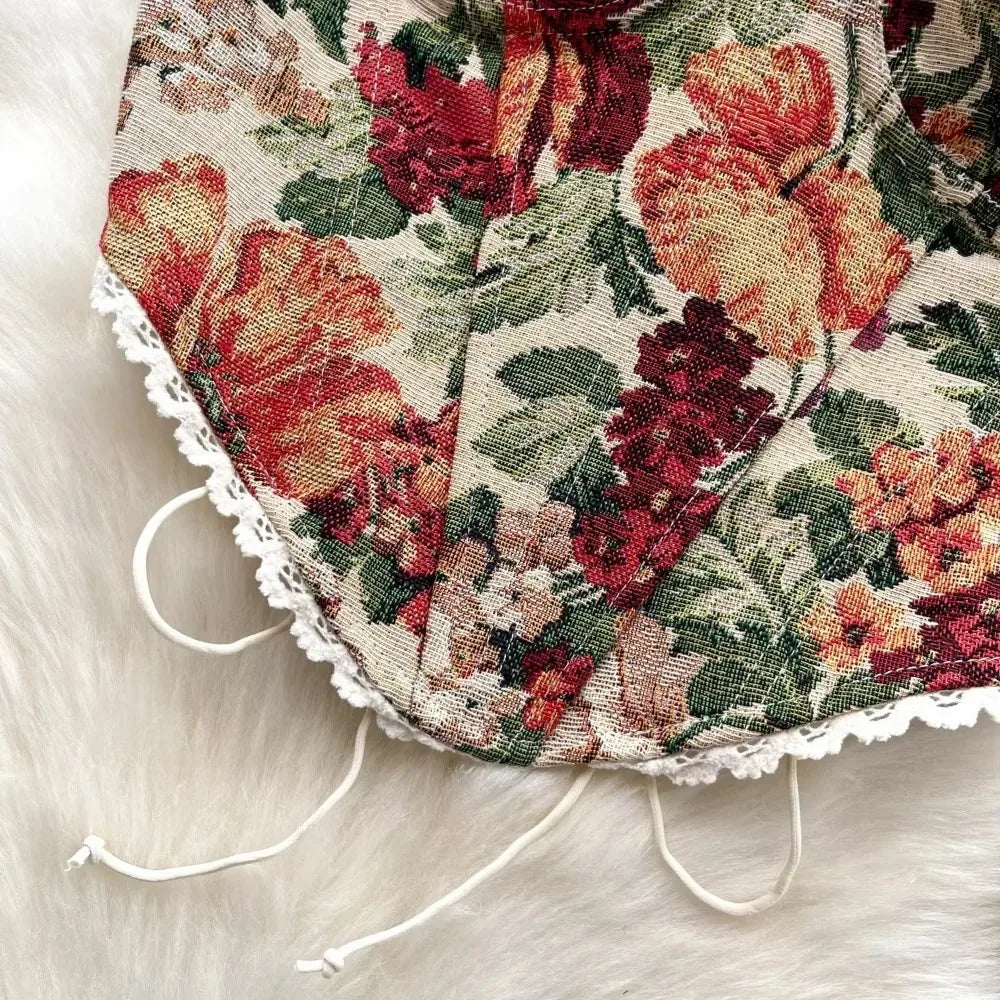 Women's Floral Tapestry Print Polyester Bustier Crop Top with Lace Up Back