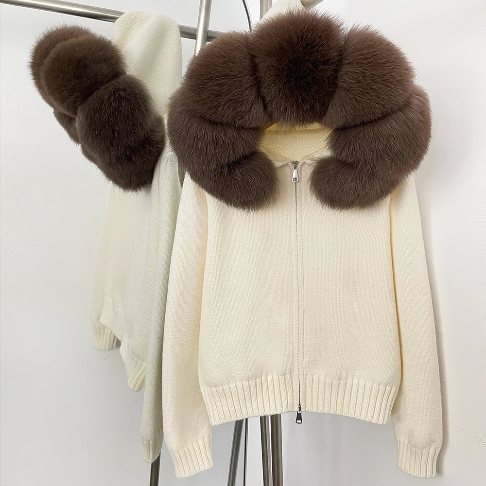 Women's Hooded Zip Front Fluffy Trim Jacket Casual Knit Layer
