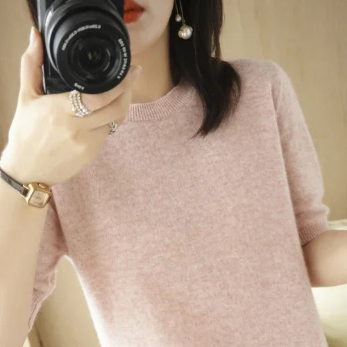 Women's Crew Neck Short Sleeve Sweater Casual Knit Layer