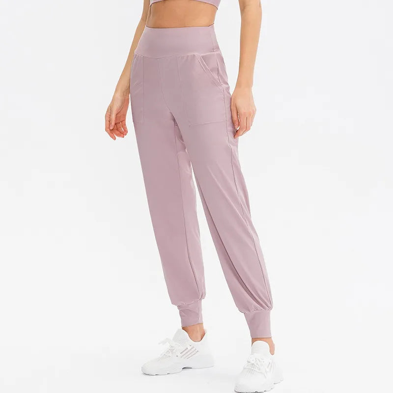 Women's High Waist Nylon Blend Workout Pants with Side Pockets and Cuffed Ankles